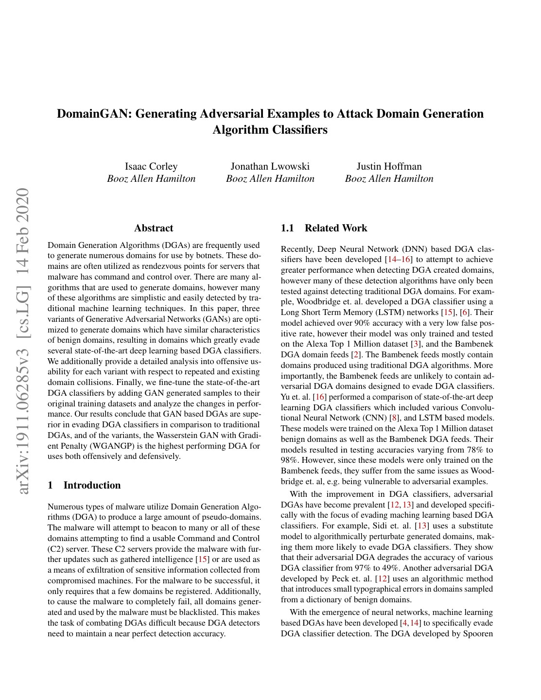 First page of DomainGAN: Generating Adversarial Examples to Attack Domain Generation Algorithm Classifiers