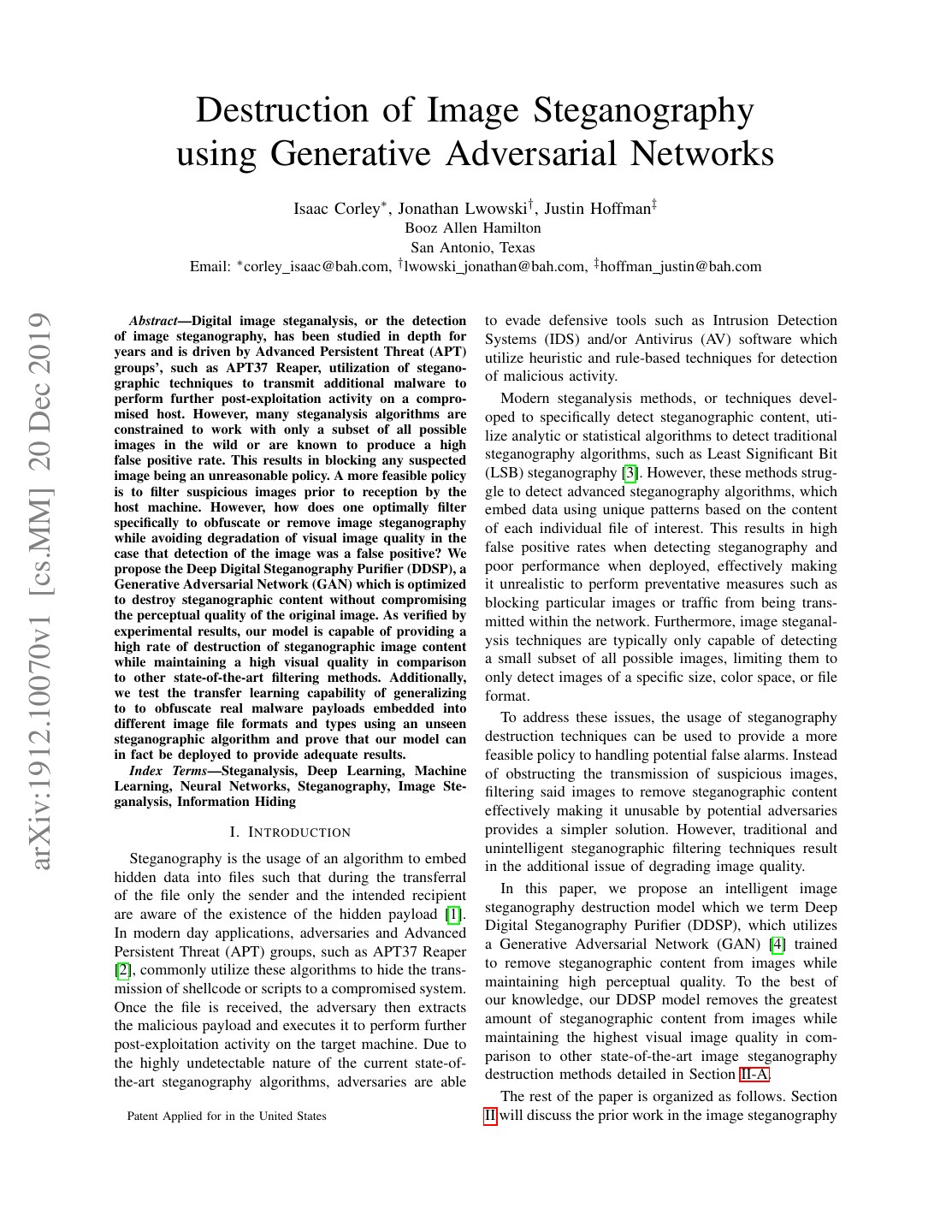 First page of Destruction of Image Steganography using Generative Adversarial Networks