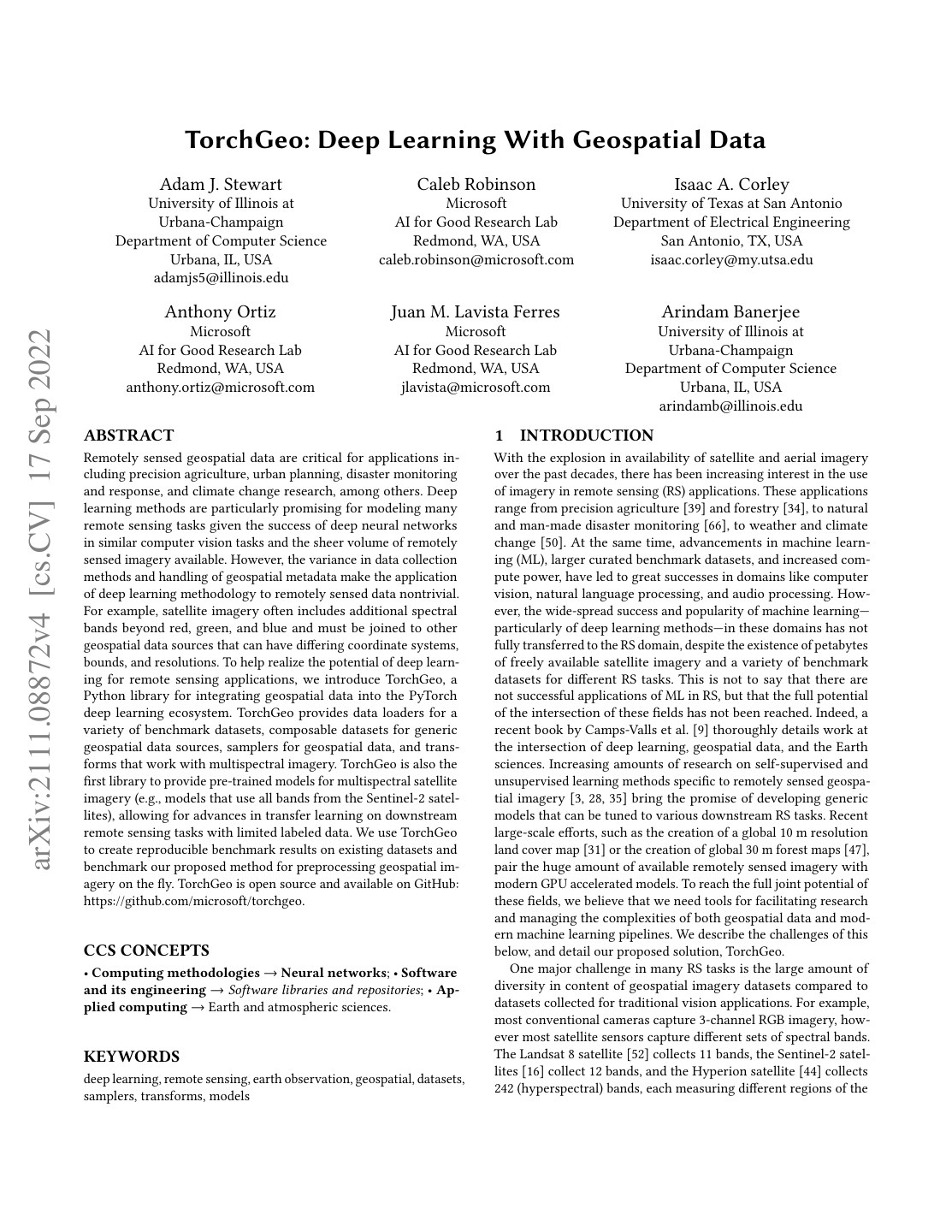 First page of TorchGeo: Deep Learning With Geospatial Data