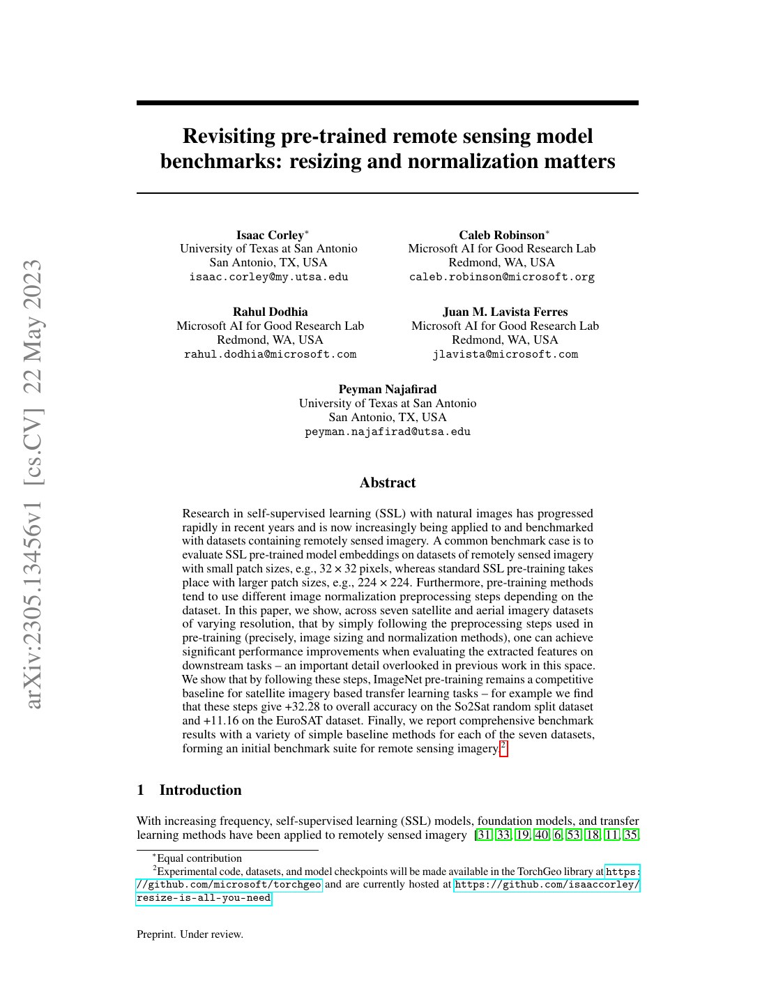 First page of Revisiting pre-trained remote sensing model benchmarks: resizing and normalization matters