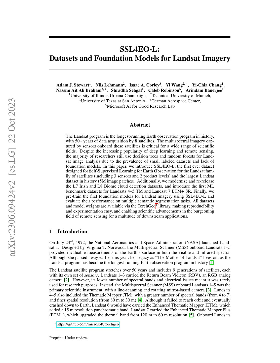 First page of SSL4EO-L: Datasets and Foundation Models for Landsat Imagery