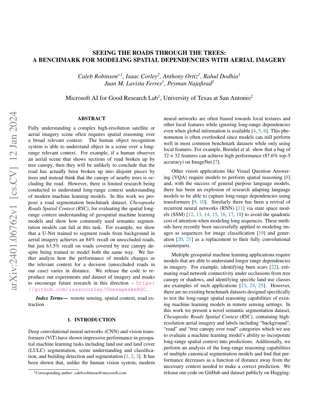 First page of Seeing the roads through the trees: A benchmark for modeling spatial dependencies with aerial imagery