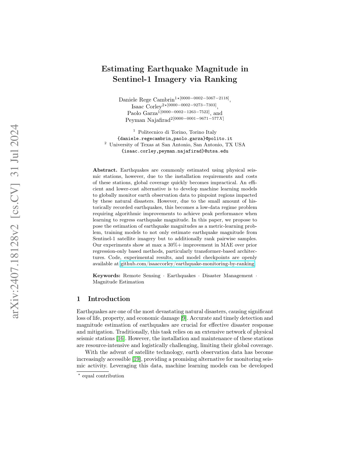 First page of Estimating Earthquake Magnitude in Sentinel-1 Imagery via Ranking