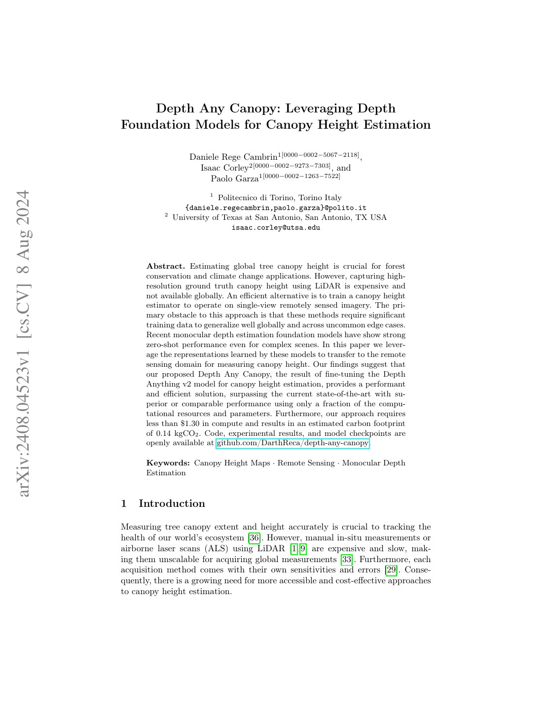 First page of Depth Any Canopy: Leveraging Depth Foundation Models for Canopy Height Estimation