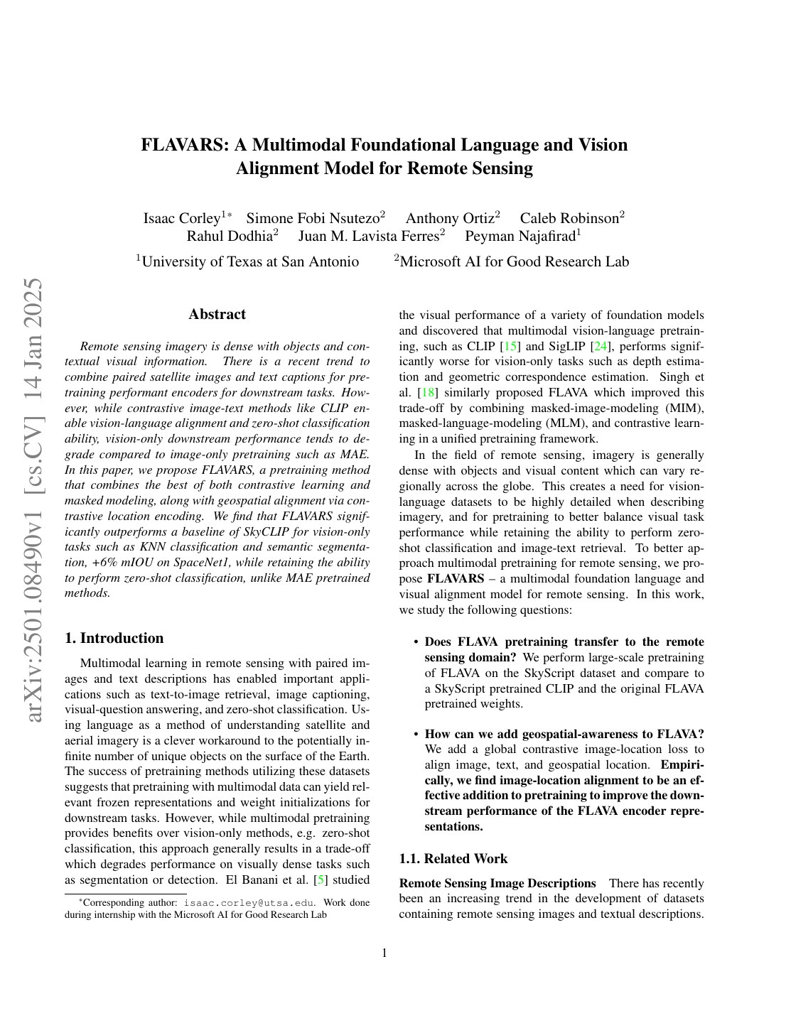 First page of FLAVARS: A Multimodal Foundational Language and Vision Alignment Model for Remote Sensing