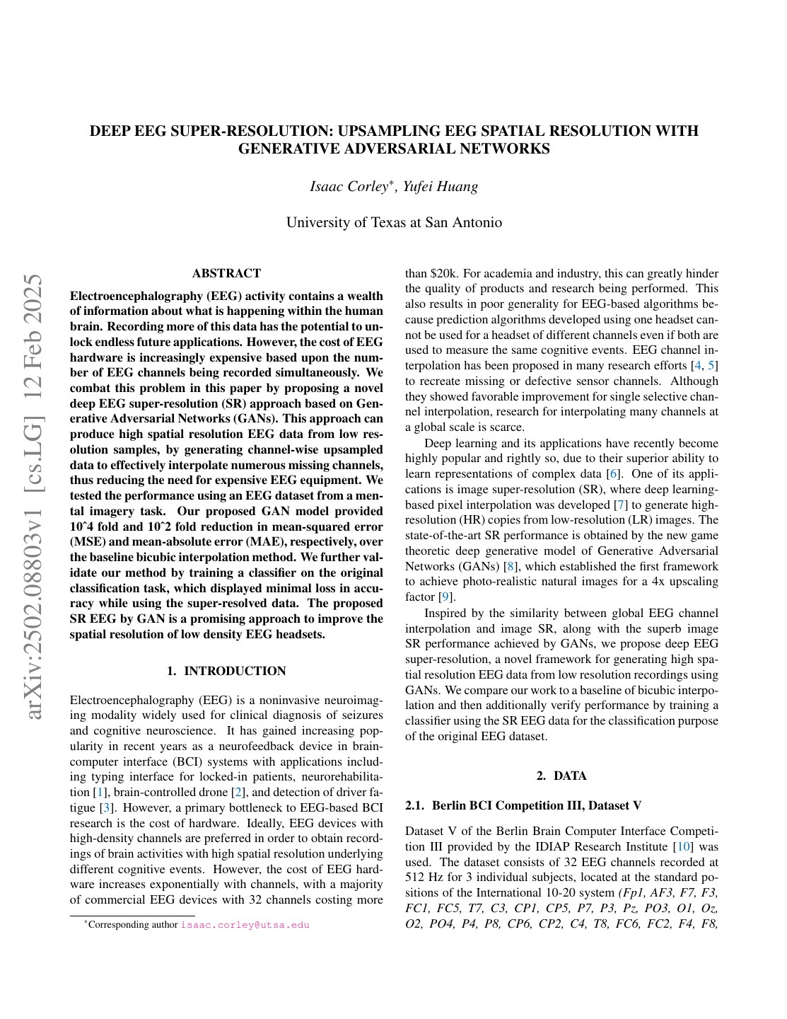 First page of Deep EEG Super-Resolution: Upsampling EEG Spatial Resolution with Generative Adversarial Networks