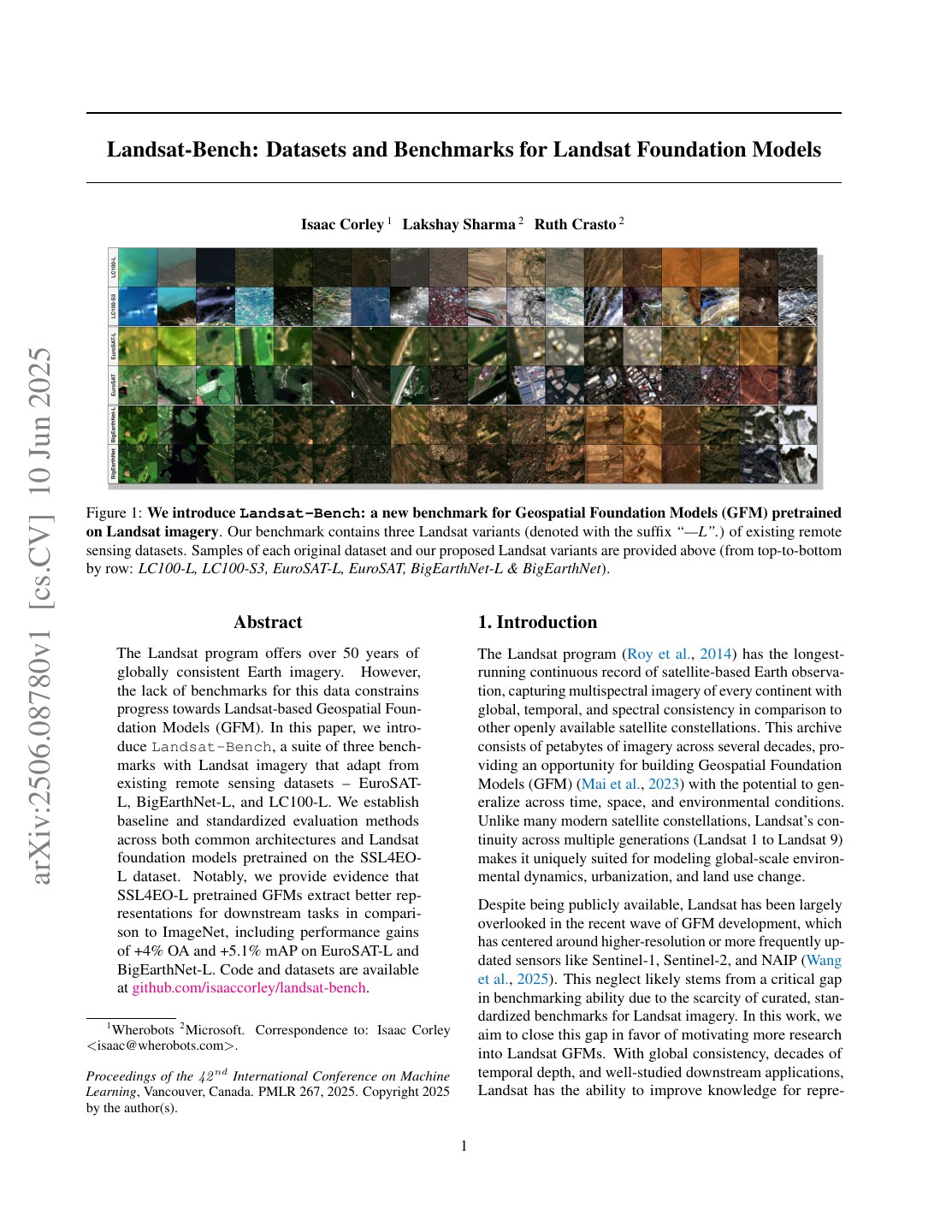 First page of Landsat-Bench: Datasets and Benchmarks for Landsat Foundation Models