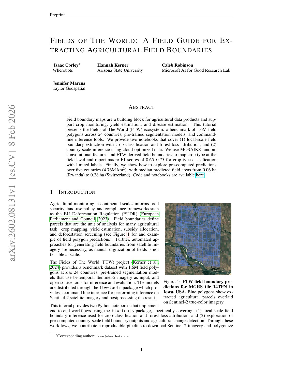 First page of Fields of The World: A Field Guide for Extracting Agricultural Field Boundaries