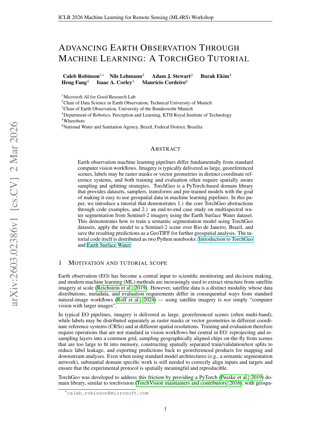 First page of Advancing Earth Observation Through Machine Learning: A TorchGeo Tutorial
