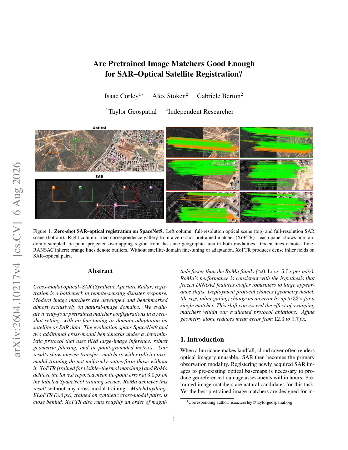 First page of Are Pretrained Image Matchers Good Enough for SAR-Optical Satellite Registration?