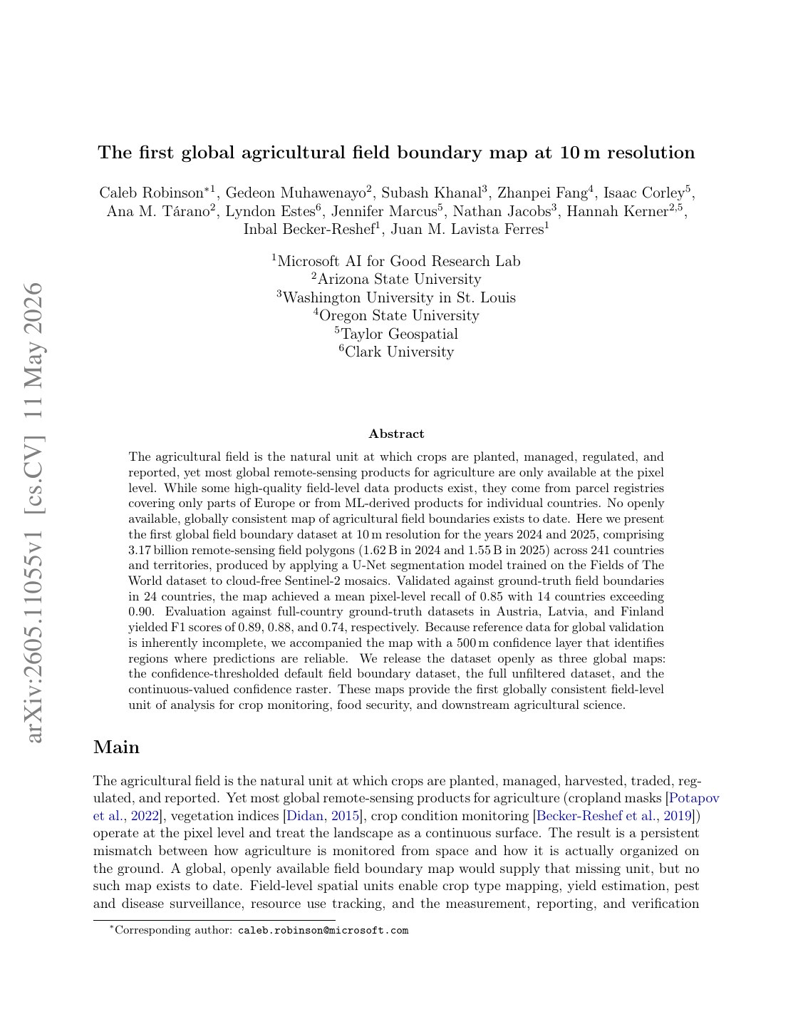 First page of The first global agricultural field boundary map at 10m resolution