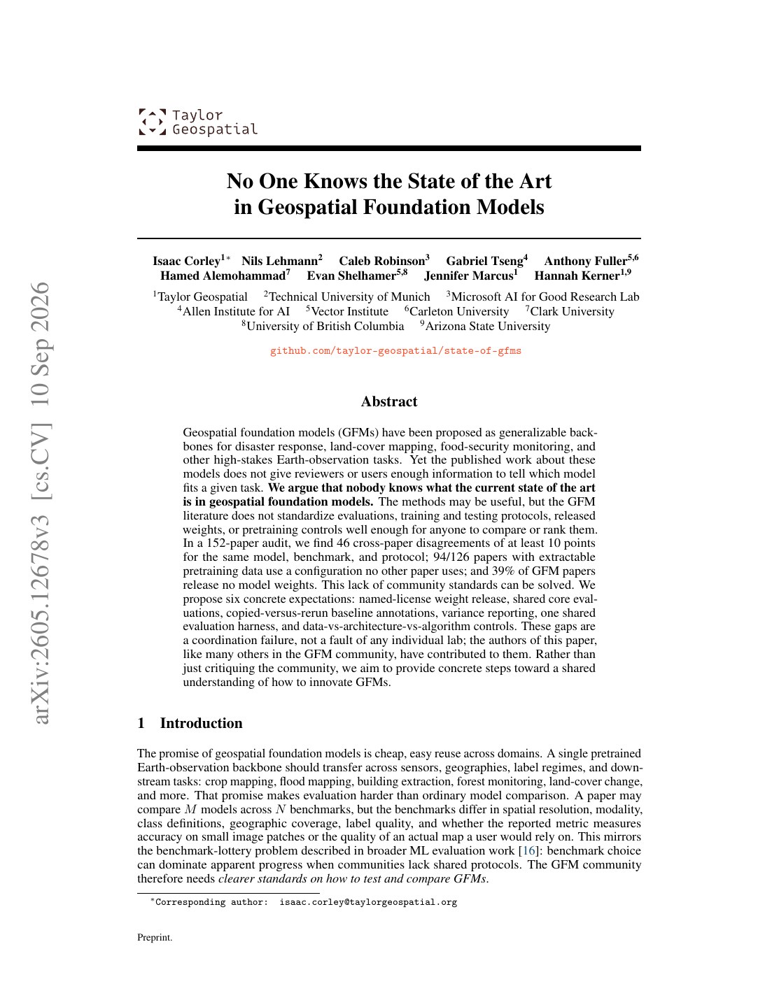 First page of No One Knows the State of the Art in Geospatial Foundation Models