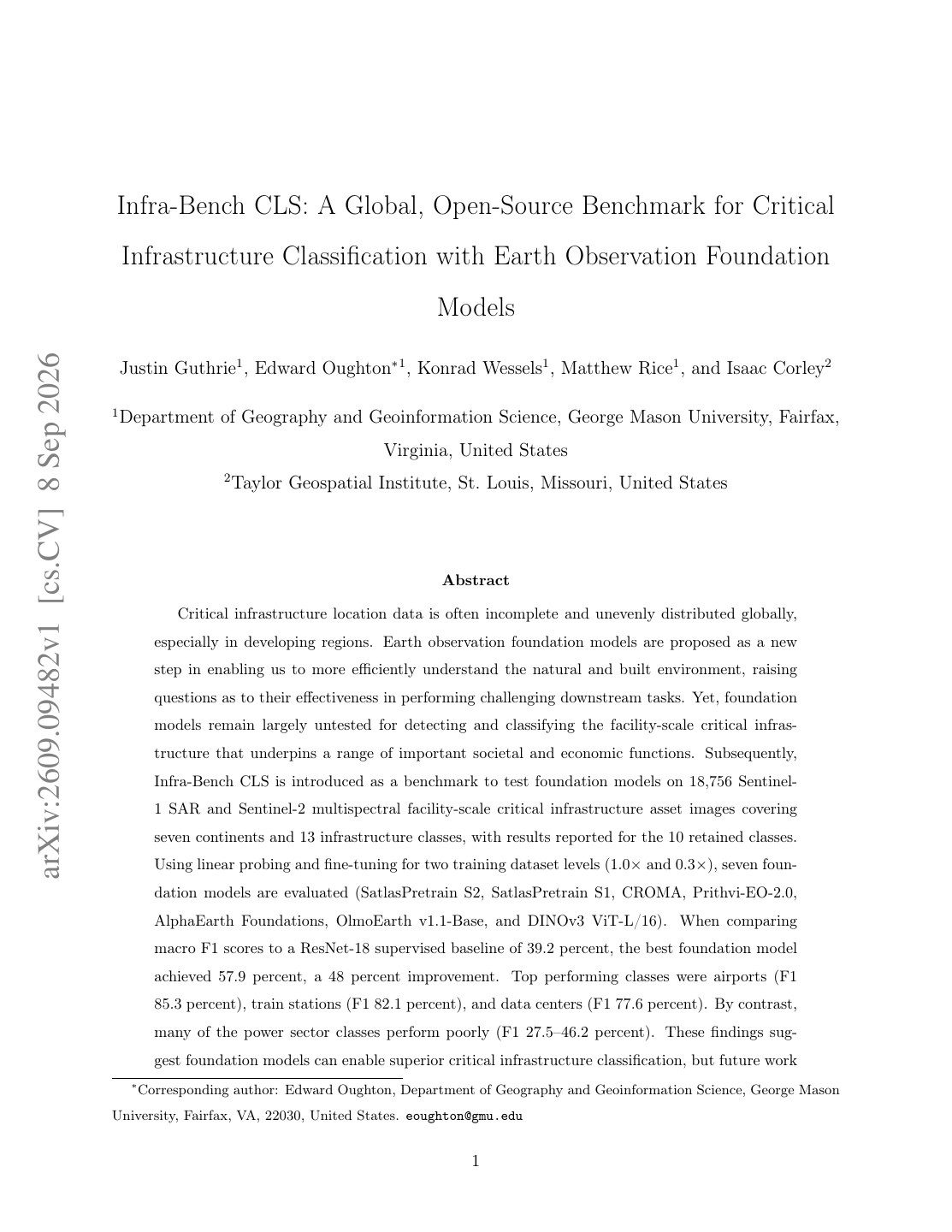 First page of Infra-Bench CLS: A Global, Open-Source Benchmark for Critical Infrastructure Classification with Earth Observation Foundation Models